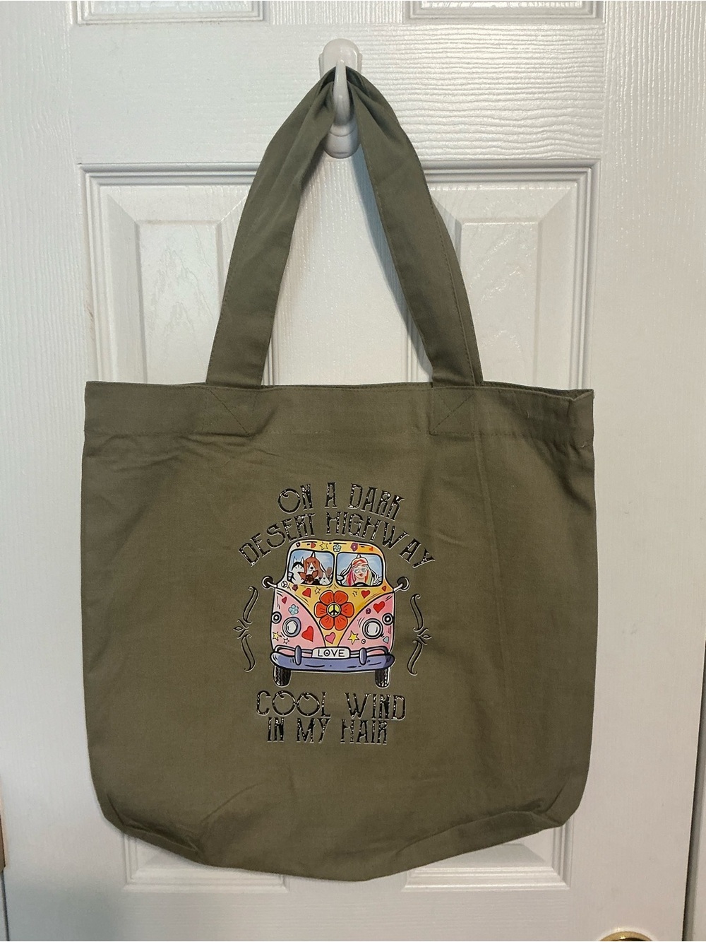 Olive Green Canvas Tote Bag with Retro Van Graphic, just pressed